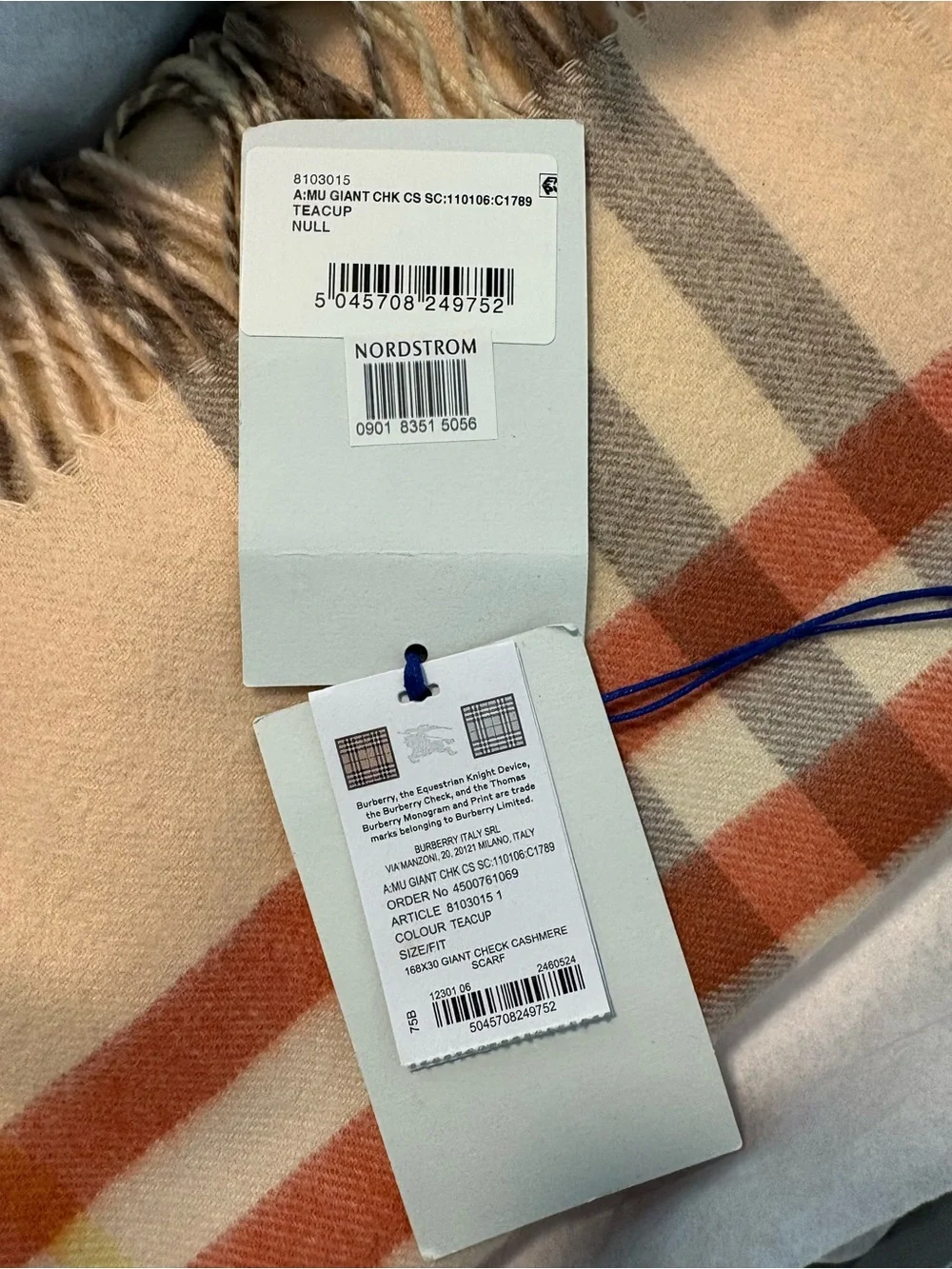 NWT RARE Burberry Giant Check Cashmere Scarf Peach and Cream